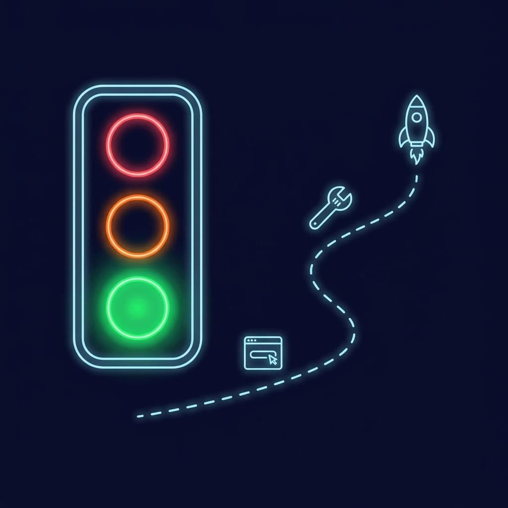 Semafor rozhodování pro vibe coding: zelená, oranžová a červená vedle cesty s milníky