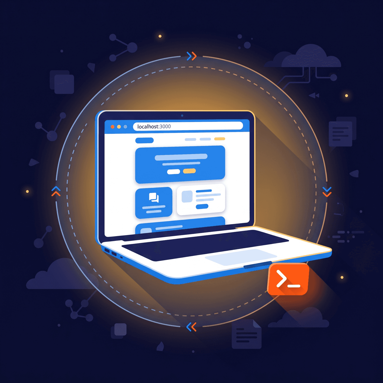 localhost:3000 v prohlížeči na notebooku, web viditelný zatím jen pro vás