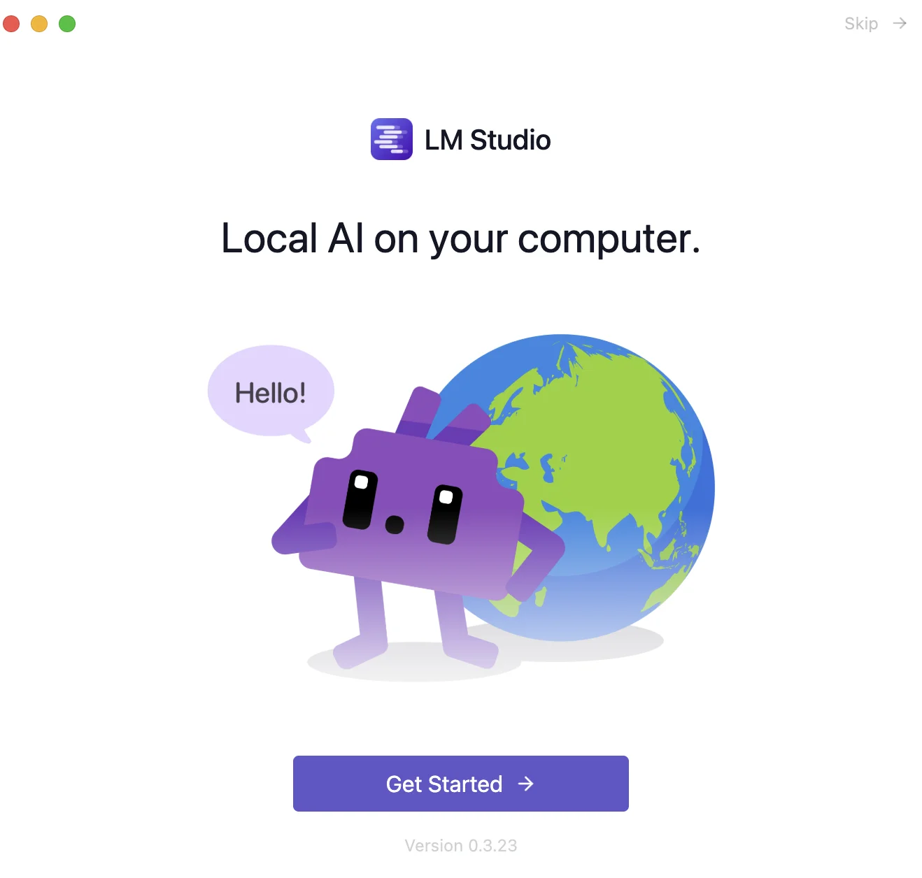 Uvítací obrazovka aplikace LM Studio: Local AI on your computer