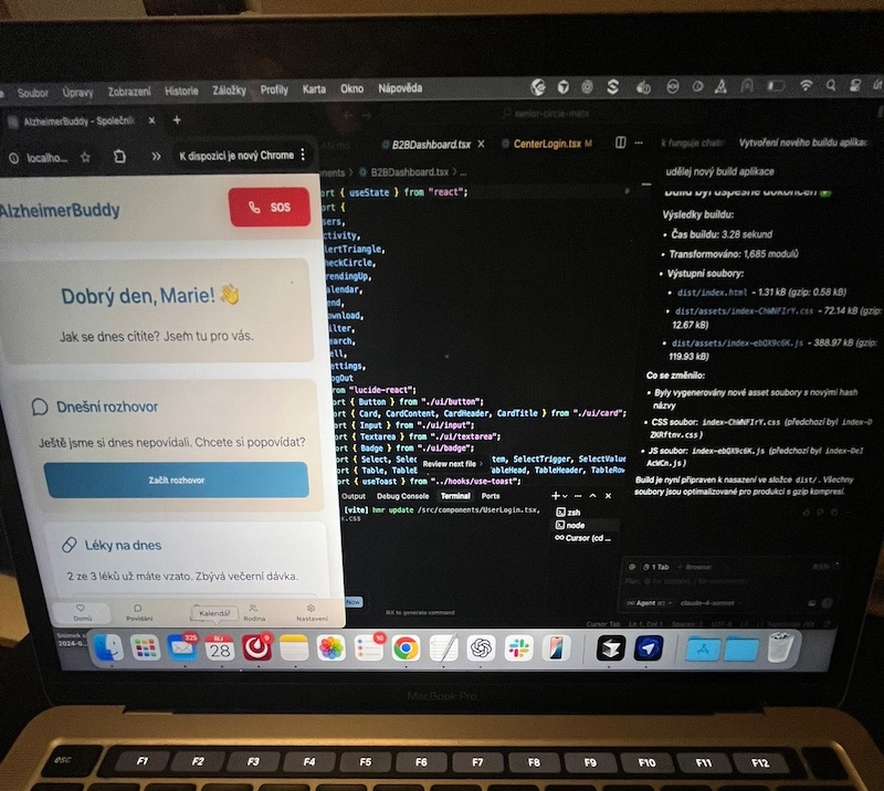 Screen z vibe codované aplikace AlzheimerBuddy