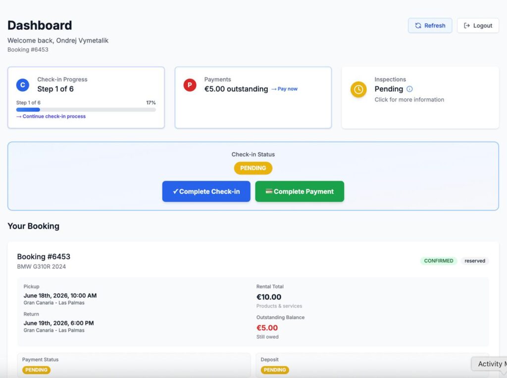 Aplikace na checkin klientů pro Canary Ride